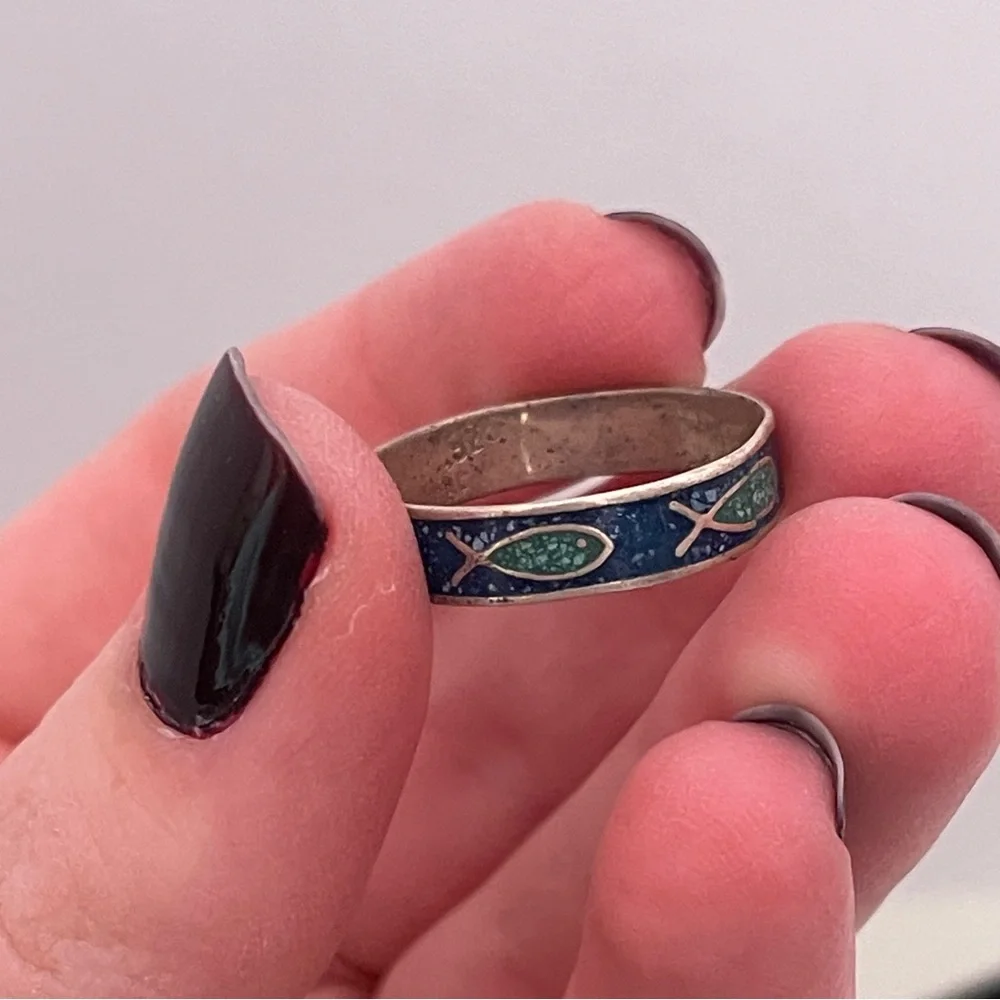 Vintage Jesus Fish Enamel Silver Tone Mermaid Core Summer Beach Religious Ring
